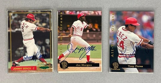 3 - Front Row Johnny Bench, Joe Morgan, and Tony Perez Signed Cards with COAs