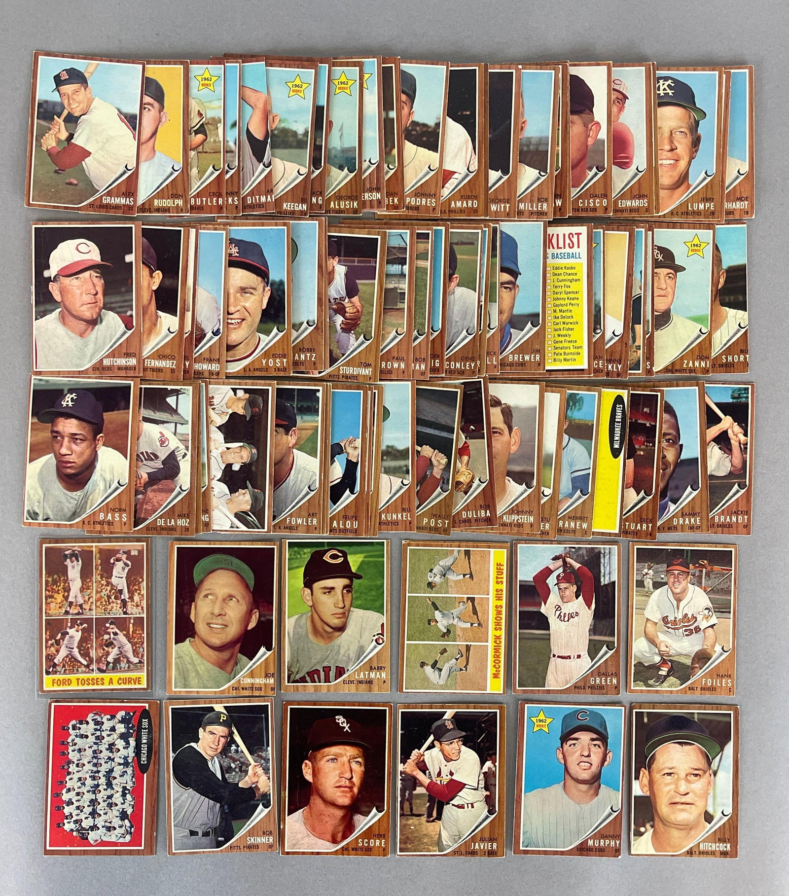 80+ 1962 Topps Baseball Cards with HOFs, Stars, and Rookie: Conditions vary, VG - EXMT, Whitey Ford In Action, 2 - Green Tint cards, and Much More
