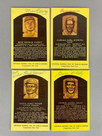 Lloyd Warner, Earl Averill, Max Carey, and George Kelly Signed Yellow HOF Plaque Postcards