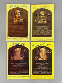 Eddie Mathews, Willie McCovey, Jim Catfish Hunter, and Rollie Fingers Signed Yellow HOF Plaque