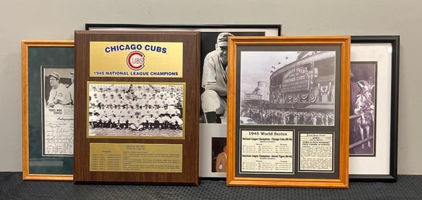 5 - Framed 1945 Chicago Cubs World Series Plaque and Photos with Phil Cavarretta Autos