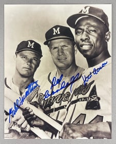 Hank Aaron, Eddie Mathews, and Del Crandall Signed 8 x 10 Photo with JSA LOA
