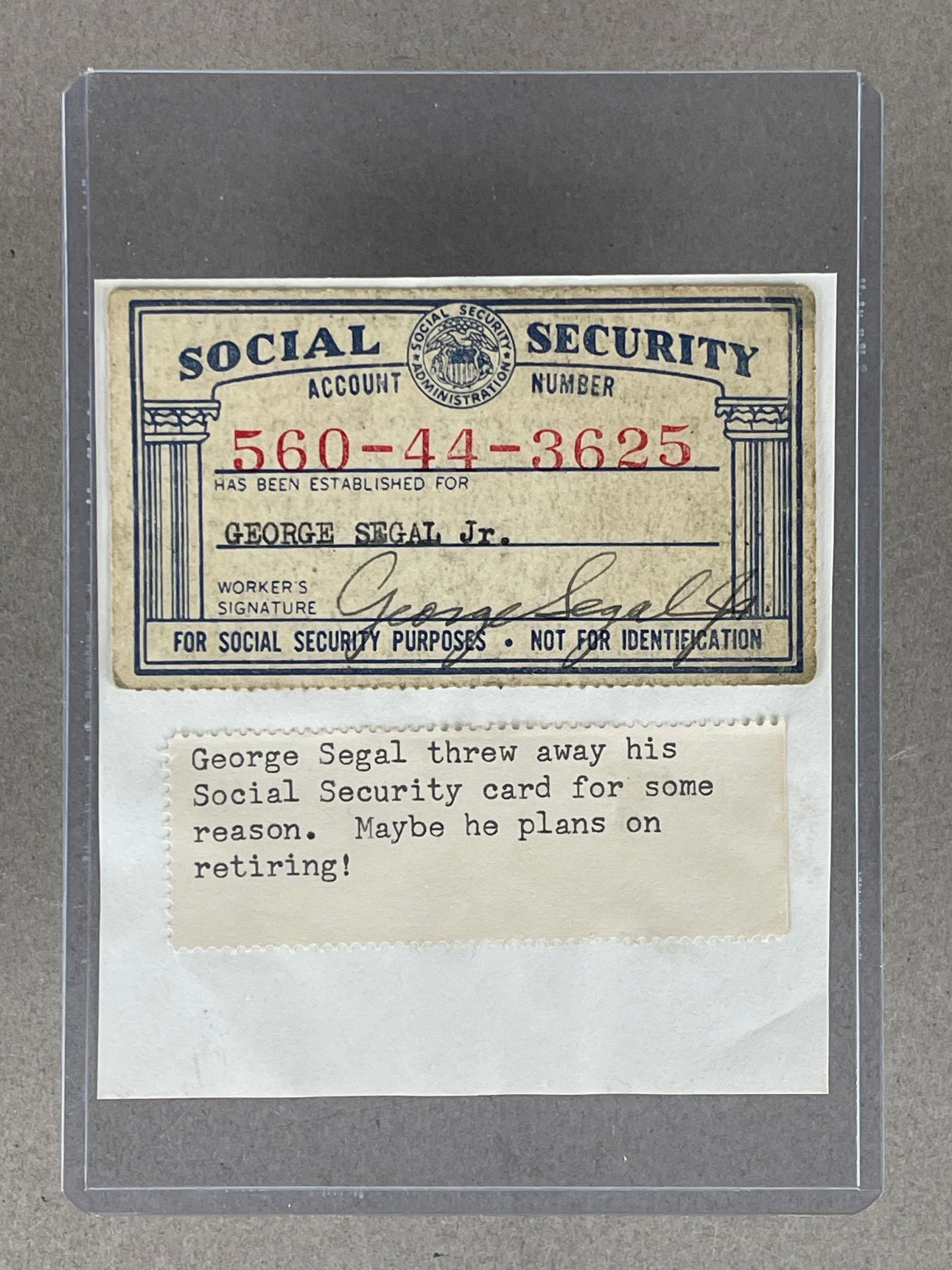 Actor George Segal Signed Social Security Card: Actor George Segal Signed Social Security Card