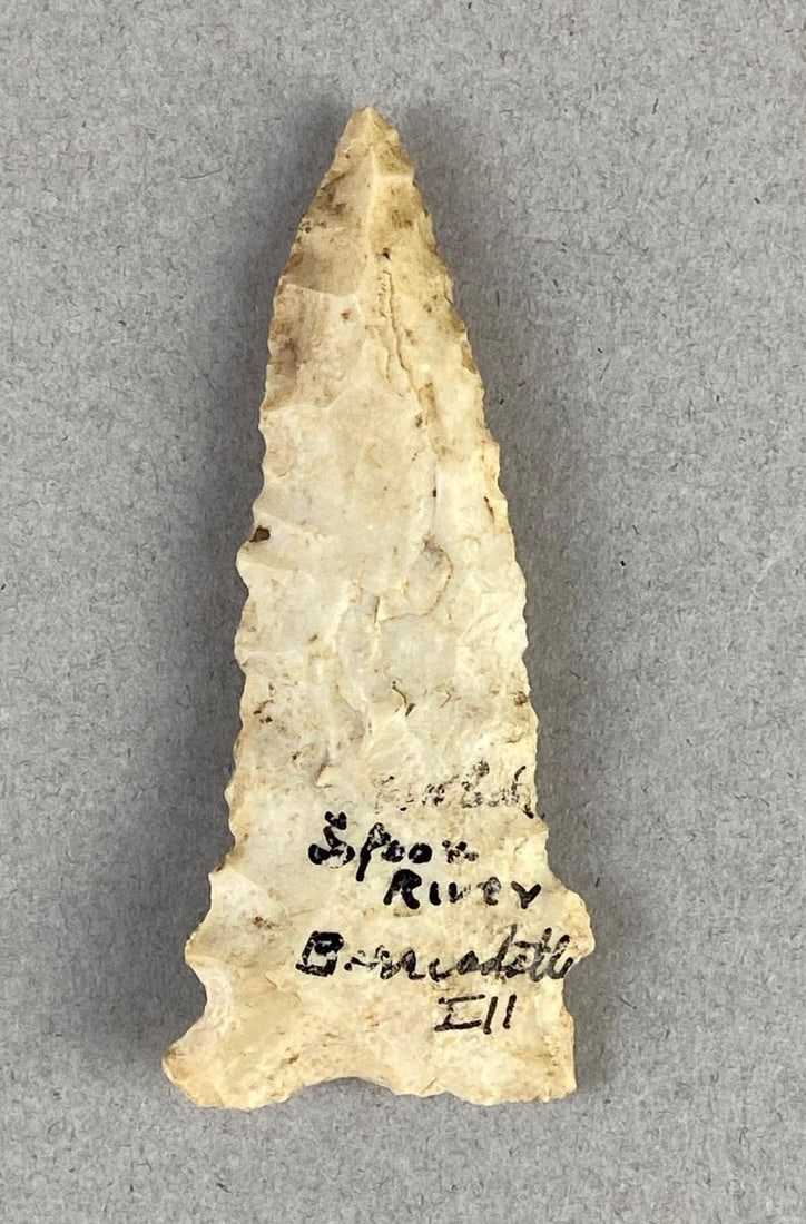 2 1/4 Inch NAtive American Arrowhead Corner Clipped Chert Spoon River Bernadotte IL Heike Collection: Long flint material, No. 420-204, Measures 2 1/4 x 1 inches.