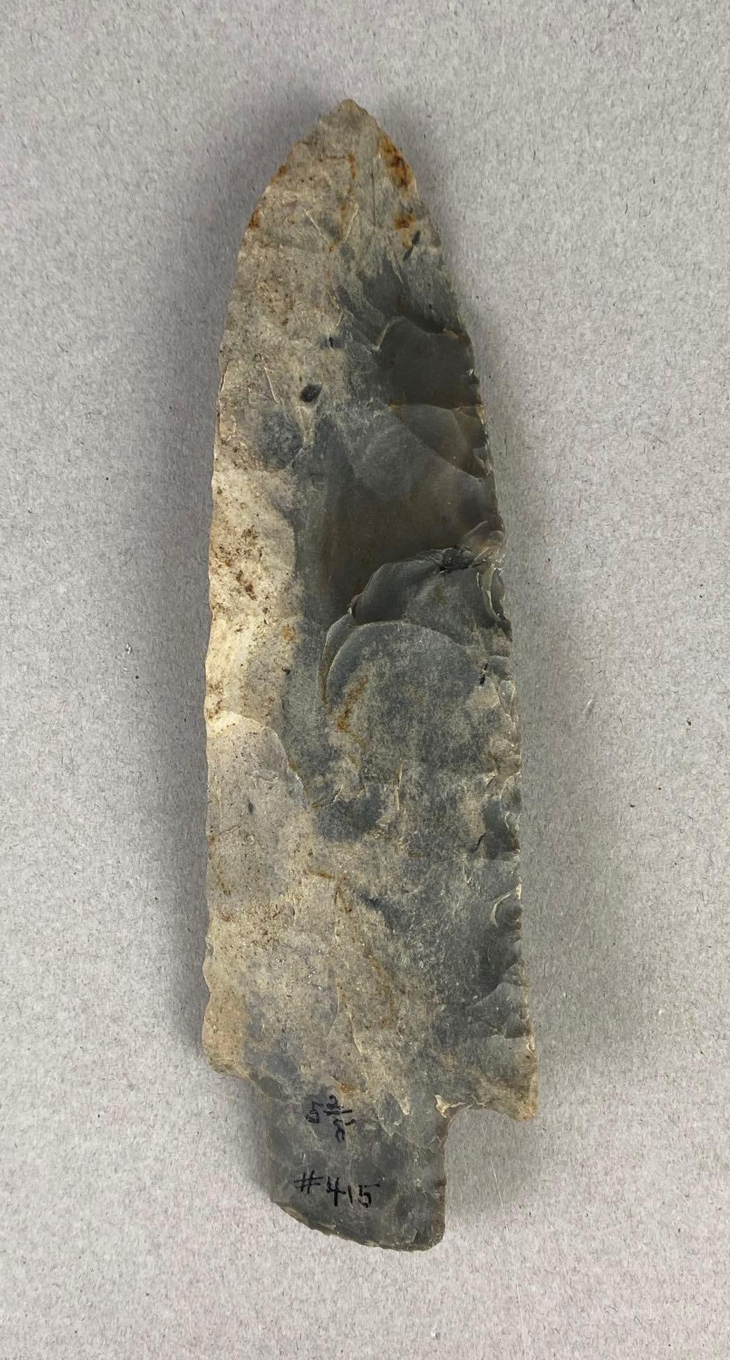 5 1/4 Inch Chert Flint Spear Tip Heike Collection: No. 415, Measures 5 1/4 x 1 1/2 inches.