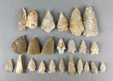 Group of 24 Assorted Native American Crystal Arrowheads and Artifacts Heike Collection