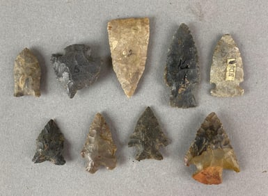 Group of 9 Assorted Native American Arrowheads and Artifacts Heike Collection