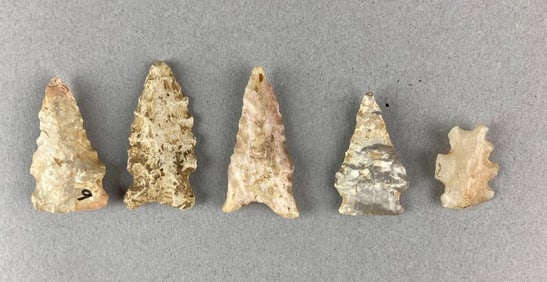 Group of 5 Native American Arrowheads Heike Collection