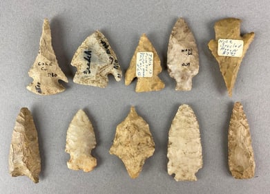 Group of 10 Assorted Native American Arrowheads and Artifacts Heike Collection
