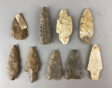 Group of 9 Assorted Native American Arrowheads and Artifacts Heike Collection