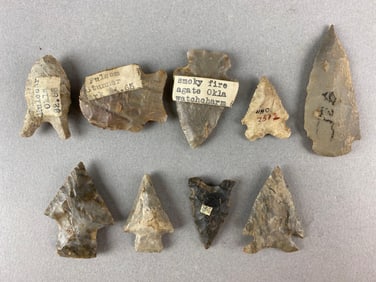 Group of 9 Assorted Native American Arrowheads and Artifacts Heike Collection
