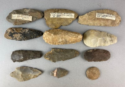 Group of 12 Assorted Native American Arrowheads and Artifacts Heike Collection