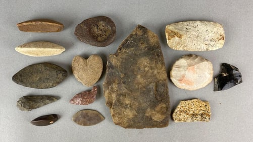 Group of 14 Assorted Native American Arrowheads and Artifacts Heike Collection