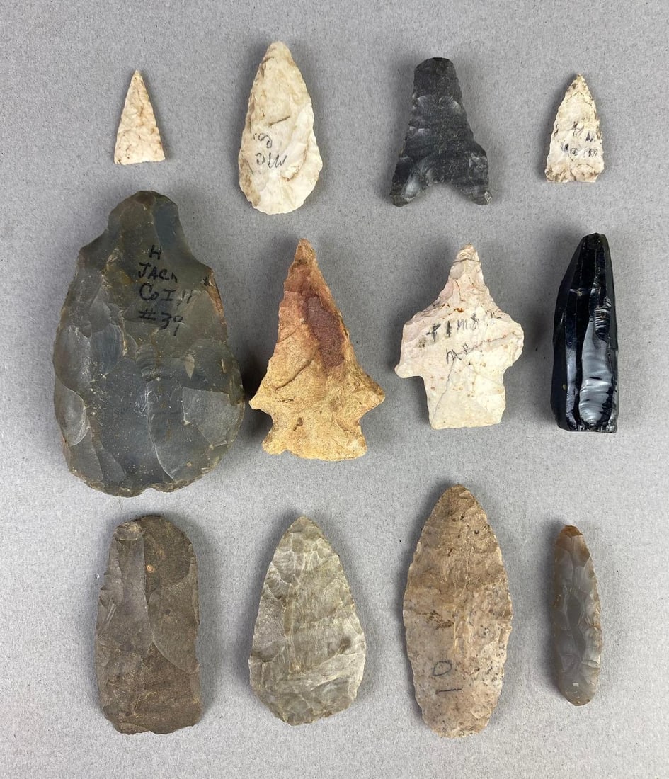 Group of 12 Arrowheads and Artifacts from Heike Collection (1 of 2)