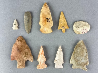 Group of 9 Assorted Native American Arrowheads and Artifacts Heike Collection