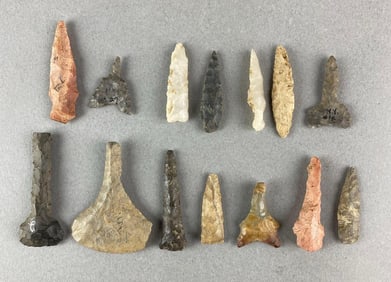 Group of 14 Assorted Arrowheads and Drills Heike Collection