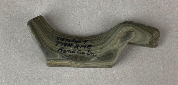 Broken birdstone, pictured on Page 7 of Prehistoric American, Number 3, 1999, found by James