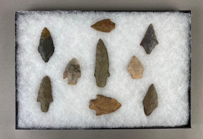 8"x12" frame of arrowheads and tools from the Midwest