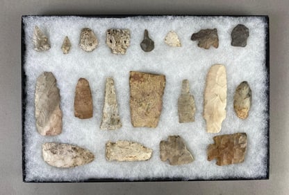 8"x12" frame of arrowheads and tools from the Midwest