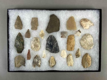 8"x12" frame of arrowheads and tools from the Midwest