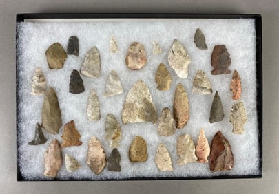 8"x12" frame of arrowheads and tools from the Midwest