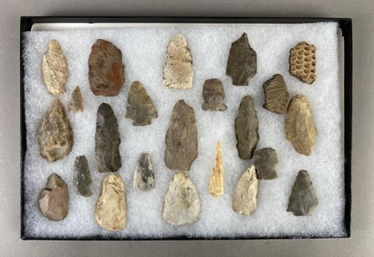 8"x12" frame of arrowheads and tools from the Midwest