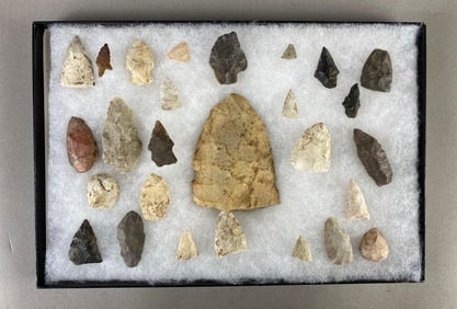 8"x12" frame of arrowheads and tools from the Midwest