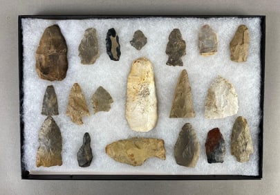 8"x12" frame of arrowheads and tools from the Midwest