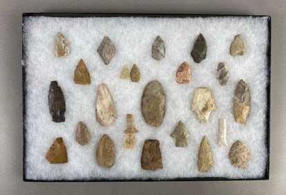 8"x12" frame of arrowheads and tools from the Midwest
