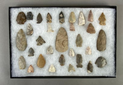8"x12" frame of arrowheads and tools from the Midwest