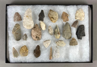 8"x12" frame of arrowheads and tools from the Midwest