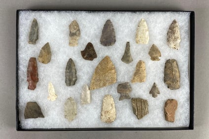 8"x12" frame of arrowheads and tools from the Midwest