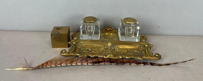 Vintage Brass and Glass Double Inkwell Desk Set
