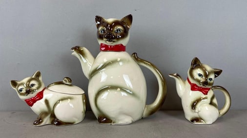 Vintage Japanese Kasuga Ware Siamese Cat Tea Set