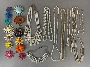 Group of Costume Jewelry Pearl Necklaces and Flower Brooches