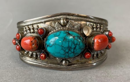 Sterling Silver Turquoise and Coral Cuff Bracelet