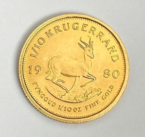 1980 South African Krugerrand 1/10 oz .999 Fine Gold Coin
