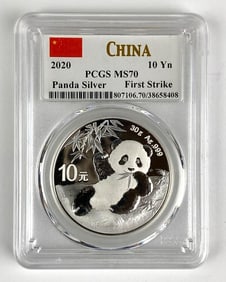 PCGS Graded 2020 China 10 Yuan Panda 30 Gram .999 Silver MS70
