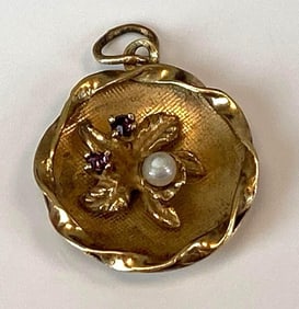 14K Yellow Gold CZ and Pearl Floral Pendant