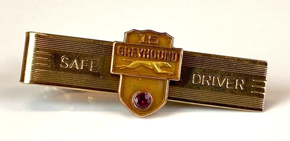 Greyhound 10K Yellow Gold Ruby 15 Year Safe Driver Tie Clip