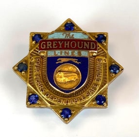 Greyhound Lines 10K Yellow Gold Sapphire 4 Years Safe Driving Pin