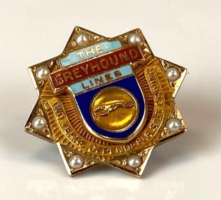Greyhound Lines 10K Yellow Gold Pearl 2 Years Safe Driving Pin