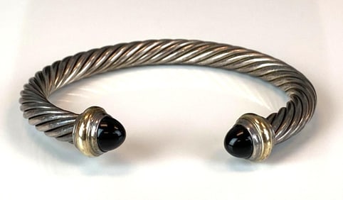 David Yurman 14K / Sterling Silver Onyx Cable Cuff Bracelet