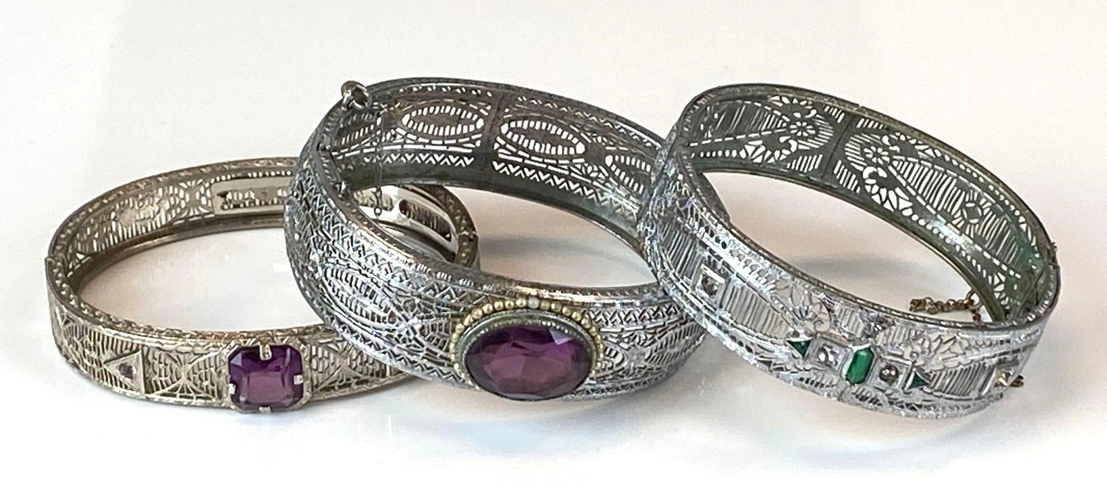Group of 3 Victorian Hinged Coatume Jewelry Bracelets: Largest measures 2 3/4 x 2 1/2 inches
