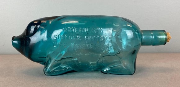 Reproduction Suffolk Bitters Life Preserver Aqua Glass Pig Bottle