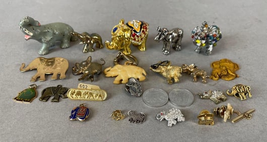 Group of Elephant Pins, Pendants and More