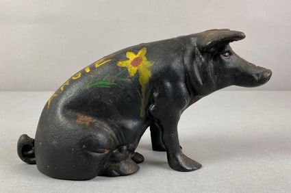 1980s Hand Painted Cast Iron Pig Coin Bank