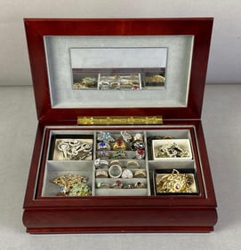 Group of Costume Jewelry in Wood Jewelry Box