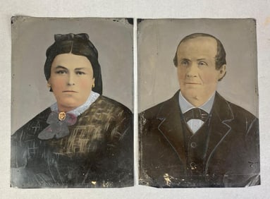 Group of 2 Antique Tin Type Colorized Photographs