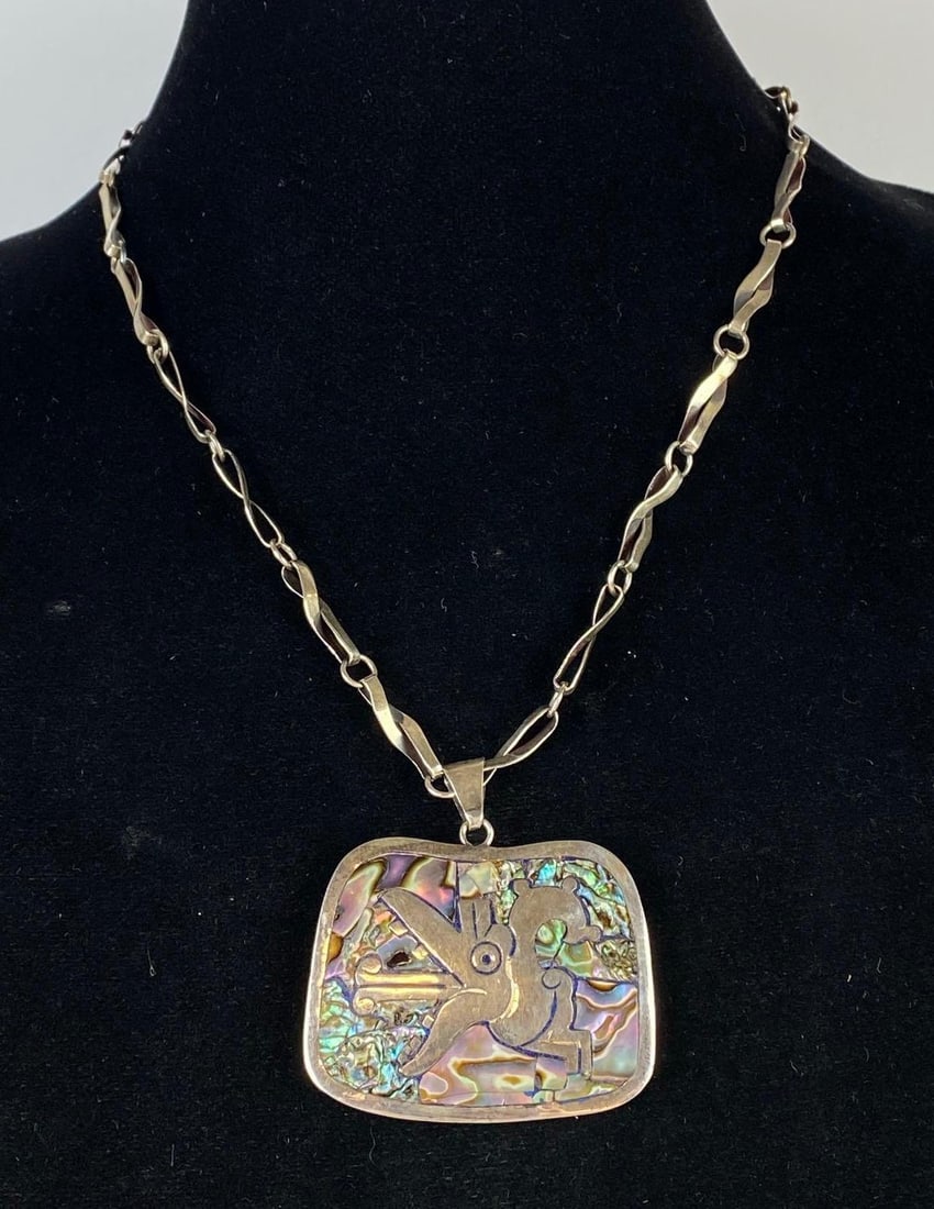 Taxco Sterling Silver Reversible Abalone Shell Necklace Pendant on Sterling Chain (1 of 7)